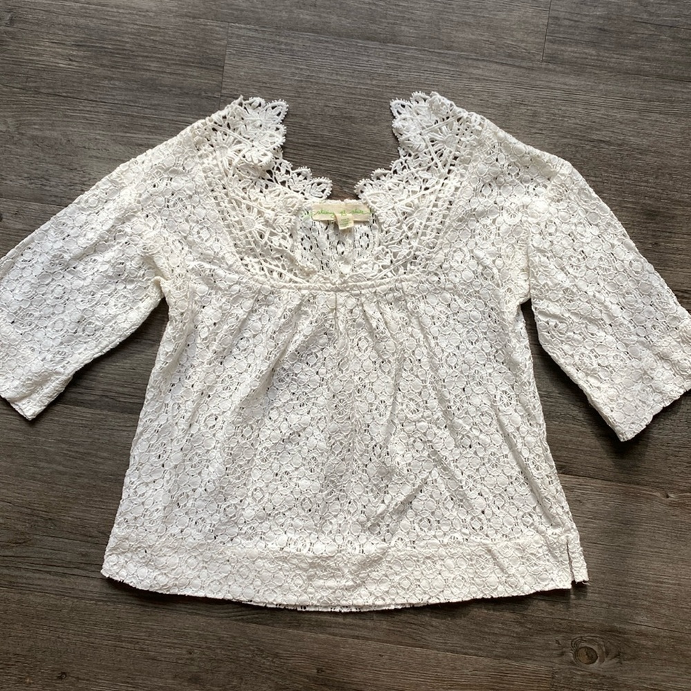 Anthropologie “staring at stars” cropped cotton white lace top. Size X-small